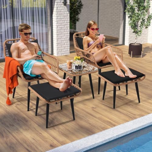KROFEM 5 Piece Wicker Bistro Patio Conversation Furniture Set, Natural