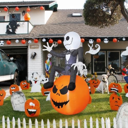 6Ft Inflatable Halloween Yard Decoration - Outdoor Blow Up Skeleton & Pumpkin Decoration - Built-in LED Lights for Halloween Lawn Outdoor Decoration