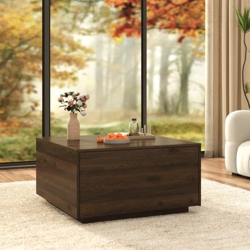 31 Inch Large Square Coffee Table with Storage,Wooden Coffee Table(Walnut)