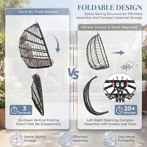 NICESOUL Swing Egg Chair Outdoor Indoor, Patio Wicker Hanging Egg Chairs with Stand, Swinging Hammock with Padded Cushions, 350lbs Sturdy Egg-Shaped Seating for Porch Bedroom Balcony Xmas Gift, Grey