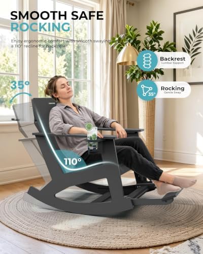 Ciokea Outdoor Rocking Chair with Pull-Out Footrest, Solid Backrest, Grey