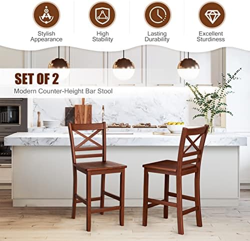 COSTWAY 25'' Wooden Counter Height Barstools Set of 2 with Slatted Backrest