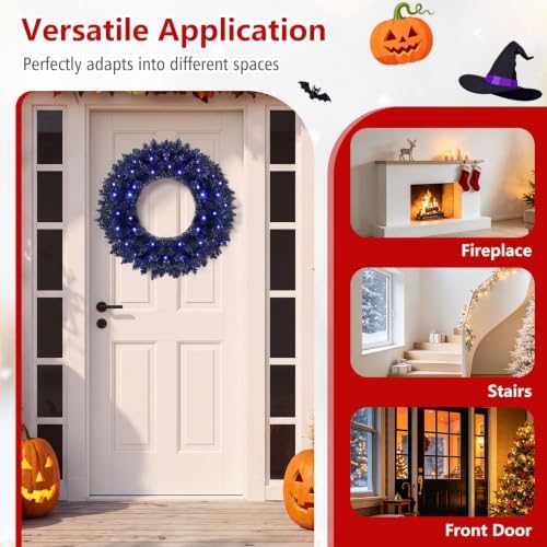 Goplus 24" Black Christmas Wreath with 35 Purple LED Lights, for Halloween