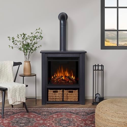 Real Flame Black Hollis Electric Fireplace - Freestanding with Remote Control - 6 Flame Colors & 5 Brightness Levels, Black