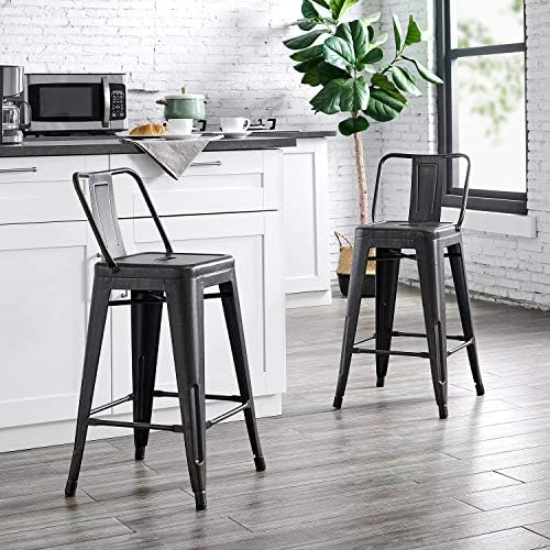 AC Pacific 24” Metal Barstool Set of 2 – Country Rustic Style with Low Back, Lightweight & Sturdy Build, Easy Assembly – Black Matte