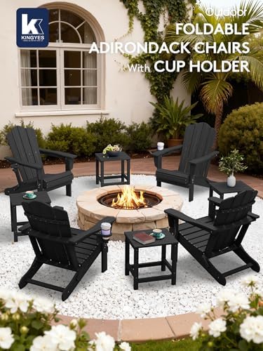 KINGYES Folding Adirondack Chair, All-Weather HDPE Material, Black, 2 Pack