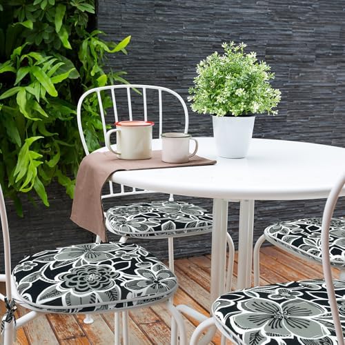 Indoor/Outdoor Chair Cushions 16x17 Inch, Patio Chair Cushions with Ties, All Weather Seat Cushions for Patio Furniture Home Garden Chair Use, Set of 2,Flower Black