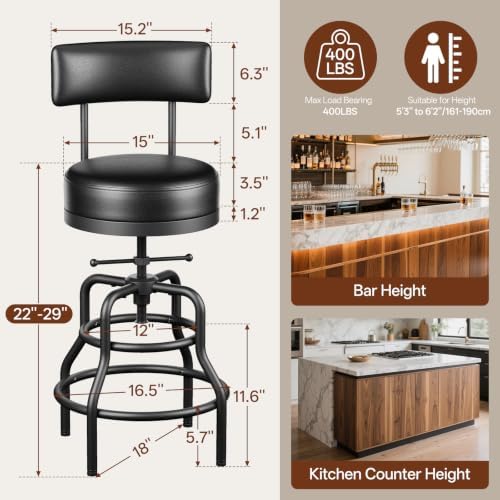 Raynesys 22-29 Inch Adjustable Height Industrial Swivel Bar Stool with Back