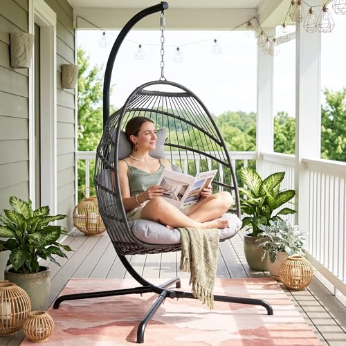 NICESOUL Swing Egg Chair Outdoor Indoor, Patio Wicker Hanging Egg Chairs with Stand, Swinging Hammock with Padded Cushions, 350lbs Sturdy Egg-Shaped Seating for Porch Bedroom Balcony Xmas Gift, Grey