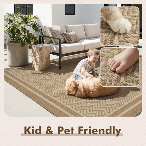 MontVoo-Outdoor Rug-Patio Rug 5x7 Polypropylene Indoor Outdoor Rugs Outdoor Carpet for Patio Deck Balcony Porch, Textured Weave, Durable for High Traffic, Fade-Resistant, Boho Farmhouse Neutral Brown