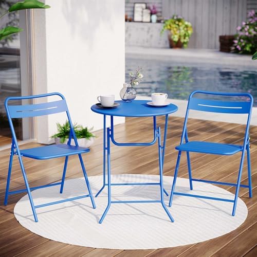 LAUSAINT HOME 3-Piece Folding Steel Bistro Set,Round, Blue