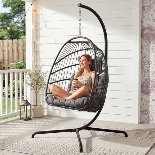 BULEXYARD Patio Hanging Egg Chair Outdoor with Stand & Cover, Dark Grey