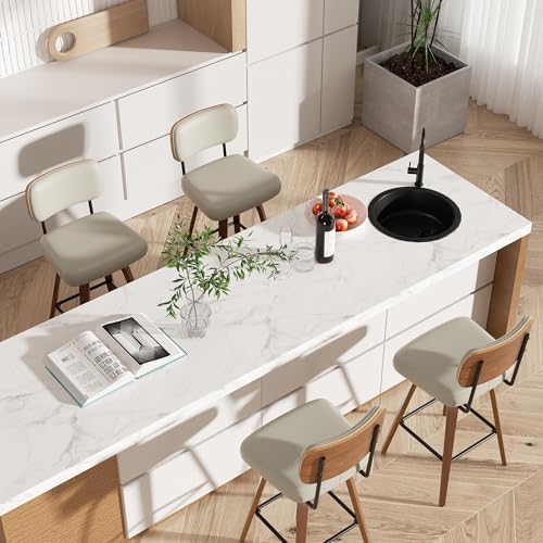 Swivel Bar Stools Set of 3, 26" Upholstered Faux Leather Counter Height Barstools with Walnut Back & Bentwood Legs, Mid Century Modern Bar Chairs Island Stools for Kitchen Counter, Beige Grey