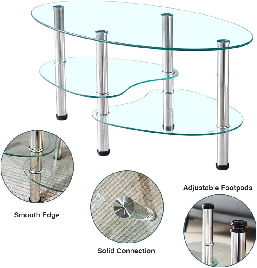 Oval-Shaped Glass Tea Table for Office, 3-Tier Modern Coffee Table, End Table for Living Room (Clear)