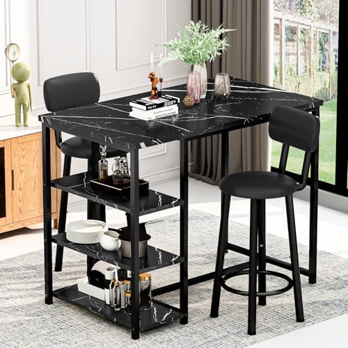 Recaceik Pub Dining Table Set for 2, Table and Bar Stools with 3 Storage Shelves, MDF Board & PU Leather Backrest Chairs, 3 Piece Dining Set for Small Space, Apartment, Kitchen Island, Black