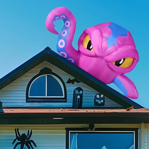 Joiedomi 4 FT Tall Halloween Inflatable Purple Octopus Head with Tentacles Broke Out from Window with Built-in LEDs Blow Up for Halloween Window Decor, Outdoor Yard Garden Lawn Party Decoration