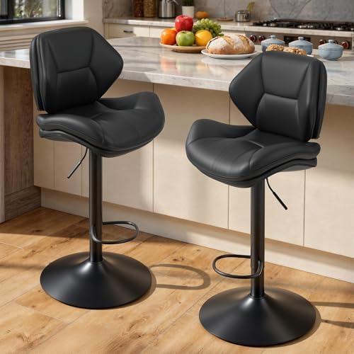 Nalupatio Swivel Bar Stools Set of 2, Double-Layer Filled Upholstered Bar Stools with Back, Adjustable Height Barstools, Faux Leather for Kitchen Island (Black)
