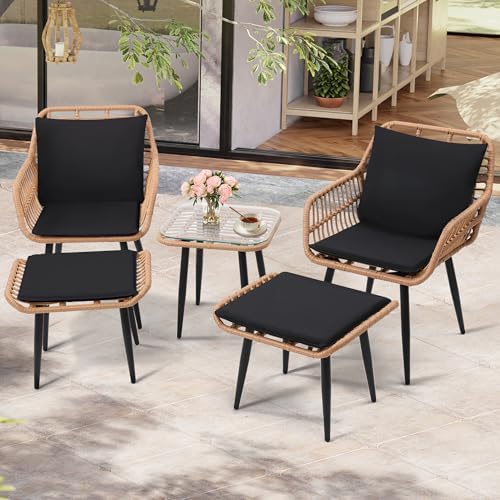 KROFEM 5 Piece Wicker Bistro Patio Conversation Furniture Set, Natural