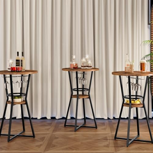 HOOBRO Round Bar Table, 2-Tier Counter Height Pub Table with Wine Glass Holder, Industrial Cocktail Table, for Small Space, Tavern, Living Room, Dining Room, Patio, Rustic Brown and Black BF62BT01G1