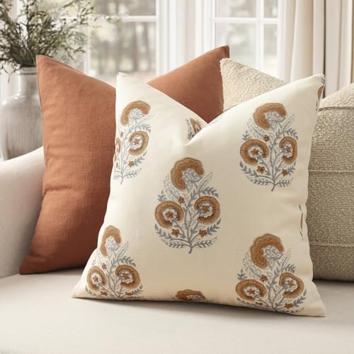 Vintage Floral Print Fall Pillow Covers 20x20 Set of 2 Patterned Accent Decorative Cushion Covers Modern Farmhouse Throw Pillow Covers for Sofa Couch Chair Bed Living Room Home Decor, Cognac Brown