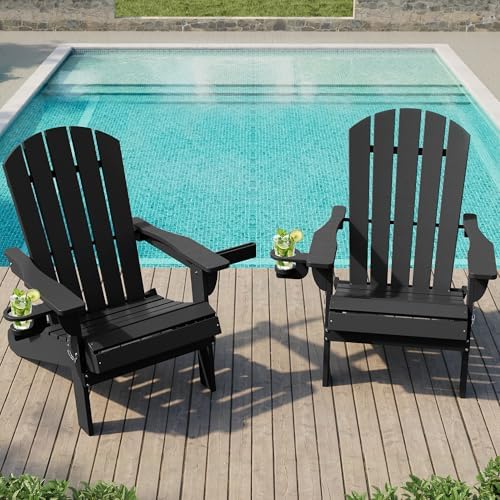 Shintenchi Folding Adirondack Chairs Set of 2,HDPE All-Weather Patio Chairs with Cup Holder & Phone Holder,Wooden Textured Fire Pit Chairs for Patio,Outside,Deck,Backyard,Black