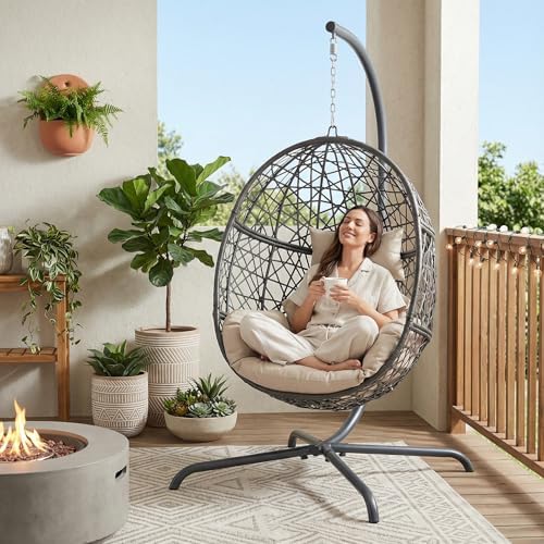 NICESOUL Oversized Patio Swing Egg Chair, Rattan Outdoor Indoor Hanging Egg Chair with Stand, Cozy Bird Cage Swinging Basket Chairs, 350 lbs Egg-Shape Padded Seat for Balcony Outside, Beige