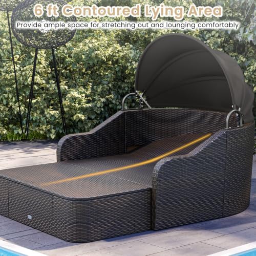 Tangkula PE Rattan Patio Daybed with Retractable Canopy, Double Lounge Bed
