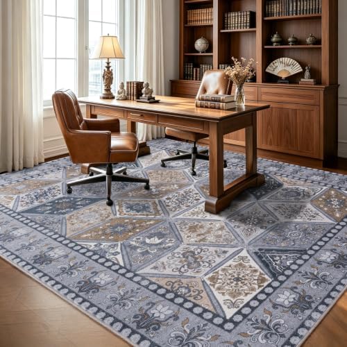 Vintage Washable Living Room Carpet 9x12, Moroccan Patchwork Rug, Dark Grey
