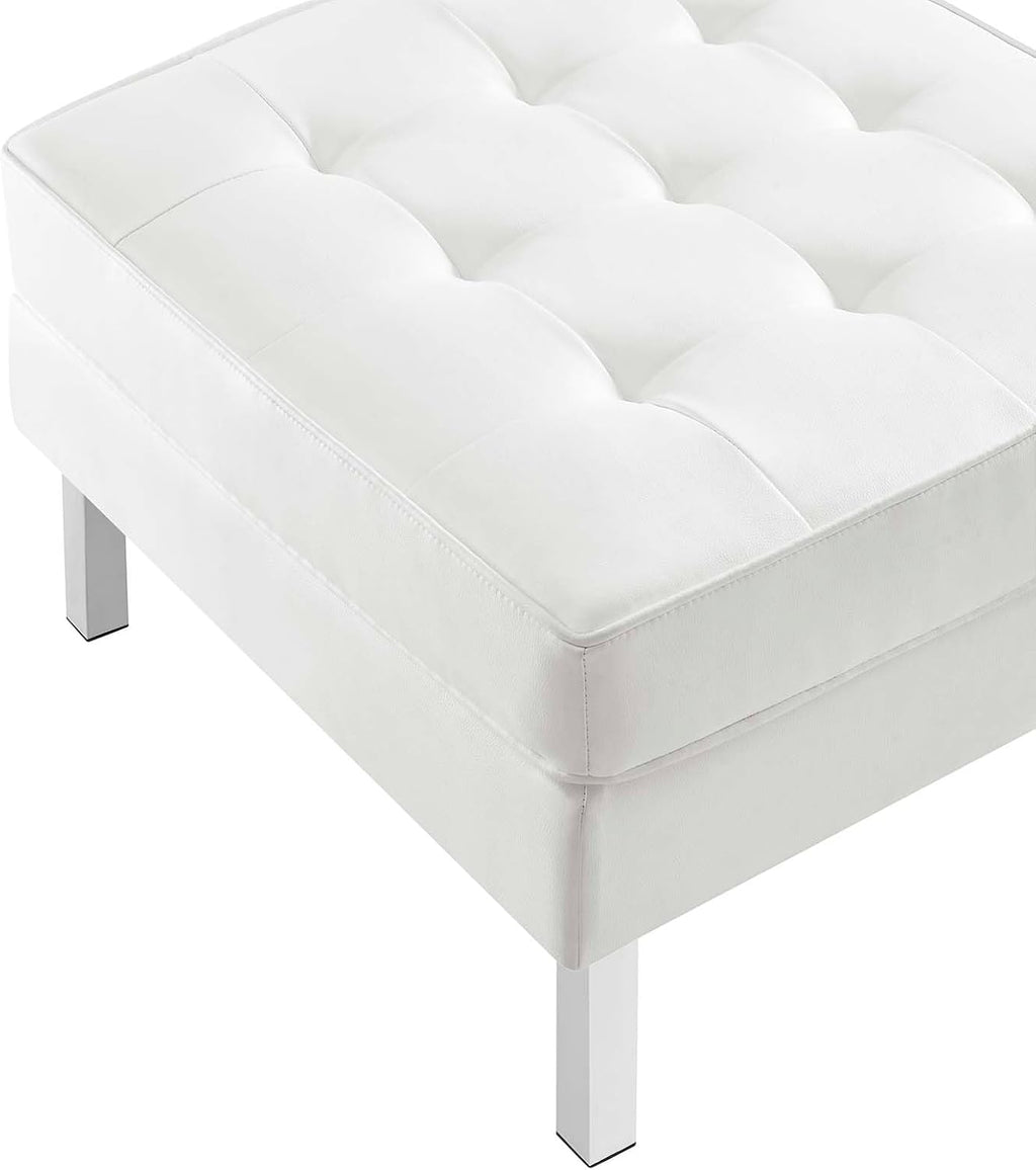 Modway Loft Tufted Button Faux Leather Upholstered Square Ottoman in Silver White
