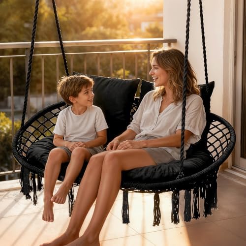 Magshion 2-Person Macrame Hanging Hammock Swing Chair, Black