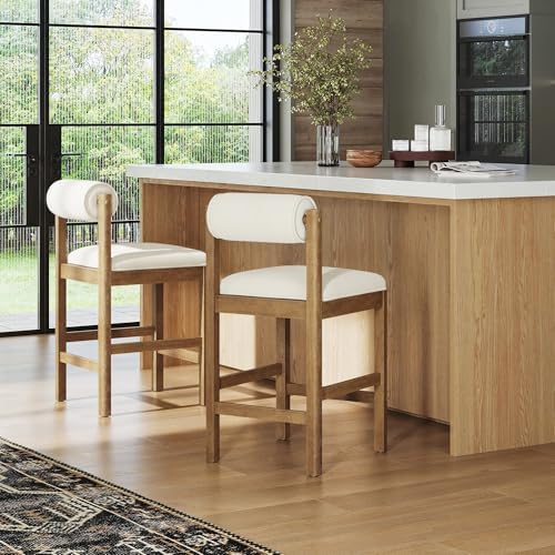 Nathan James Kimberly Modern Counter Stool with Solid Wood Legs, Boucle Upholstered Counter Height Stool with Bolster Back, Cream Boucle/Light Brown