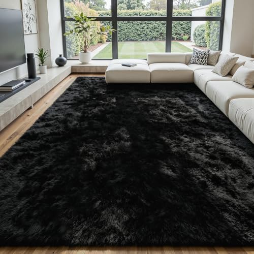 8x10 Black Area Rug for Bedroom, Living Room, Soft Fluffy Fuzzy Shag Rug