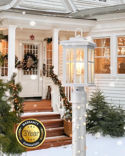Dusk to Dawn Outdoor Post Lights, White Post Lights Outdoor with Pier Mount Base, Waterproof Lamp Posts Outdoor Lighting with Tempered Glass for Garden, Porch(Hardwired 120V, Not Solar)