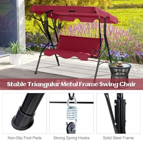 Tangkula 3 Person Porch Swing with Cushions & Canopy, Wine