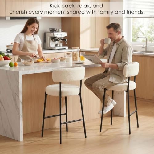 Furniliving 28'' Bar Stools Set of 2, Modern Boucle Counter Height Bar Stools with Ergonomic Curved Back, Upholstered Kitchen Stools, Barstools for Kitchen Island, Bar, Cafe, White
