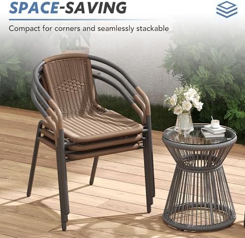 UDPATIO Rattan Patio Dining Chairs Set of 4, Wicker Stackable Outdoor Chairs with All Weather Curved Back & Metal Frame, for Indoor Restaurant Porch Deck, Brown