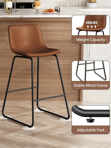 26in Bar Stools Counter Height Chairs Set of 3 Metal Legs (Dark Brown)