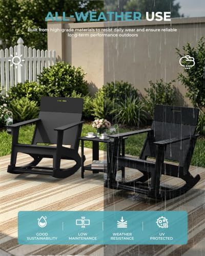 Ciokea Outdoor Rocking Chair with Pull-Out Footrest, Solid Backrest, Black