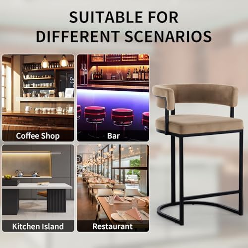 Set of 2 Brown Modern Velvet Bar Stools with Barrel Backrest, Upholstered Seat, and Black Metal Footrest – 25.6-Inch Seat Height, Ideal for Counters, Home Bars, and Kitchen Islands