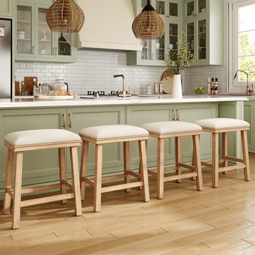 MAISON ARTS White Bar Stools Set of 4, Solid Wood Kitchen Stools