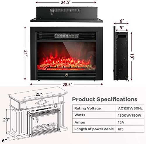 GLACER 28.5'' Electric Fireplace Insert, Recessed & Freestanding with Adjustable Flame Color Timer, Indoor Heater w/Remote Control (750W/1500W) Black