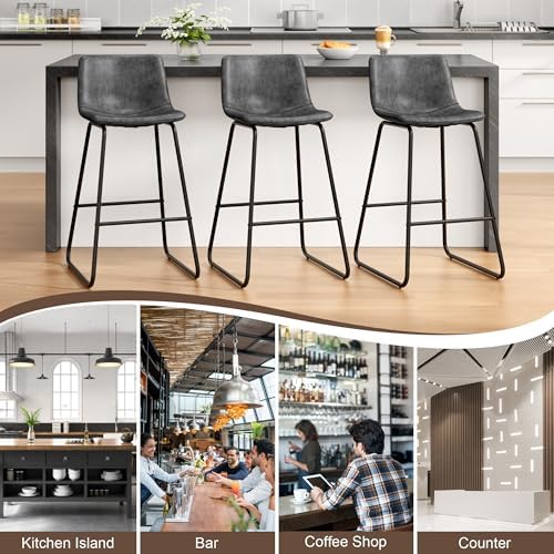 REONEY Bar Stools Set of 2, 26" Urban Faux Leather Counter Stools, Grey