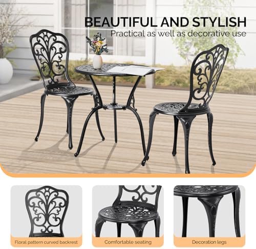 VINGLI 3 PCS Outdoor Bistro Set, Outdoor Patio Set, All-Weather Cast Aluminum Bistro Table Set, Bistro Table and Chairs Set of 2 for Backyard, Garden, Balcony (Black, Butterfly)