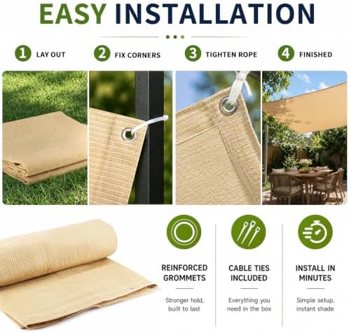 90% Outdoor Sun Shade Cloth, 6’ x 20’, Pergola, Deck, and Backyard Patio Sunshade with UV Protection, Heat Resistant HDPE Material, Reinforced Grommets (6x20 FT,Wheat)