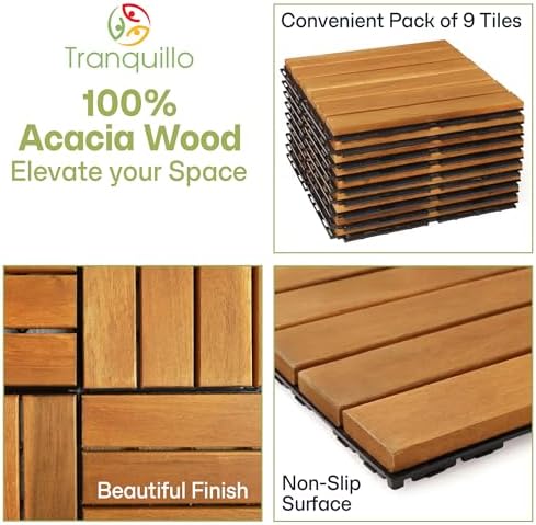 Acacia Wood Interlocking Deck Tiles, Waterproof Patio Tiles, 9 PCS- Golden