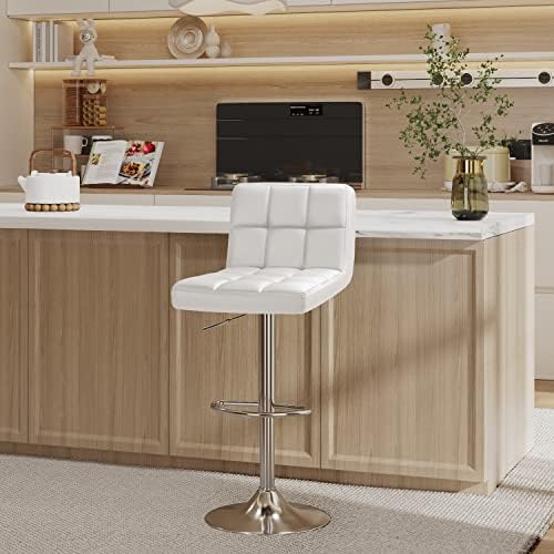 Furmax Bar Stools Modern Pu Leather Swivel Adjustable Hydraulic Bar Stool Square Counter Height Stool Set of 4 (4pcs White)