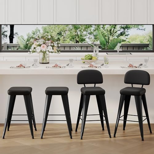 Yongchuang 24" Bar Stools Set of 4, Black Faux Leather Barstools with Back
