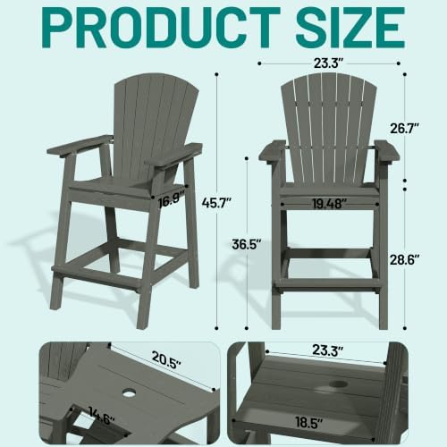 PLUUV Tall Adirondack Chairs Set of 2 with Double Connecting Trays, Grey