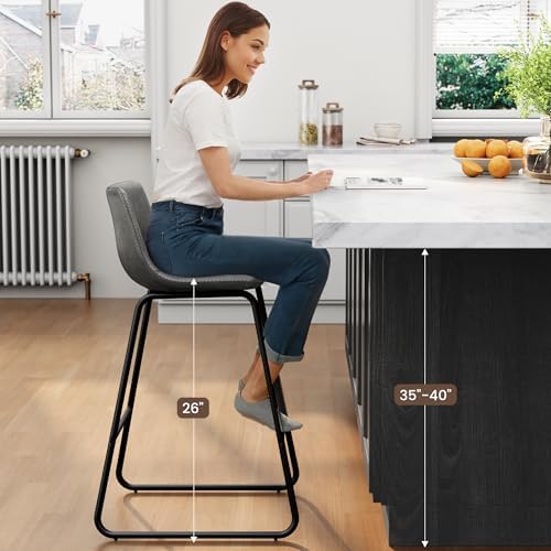 REONEY Bar Stools Set of 3, 26" Urban Faux Leather Counter Stools, Grey