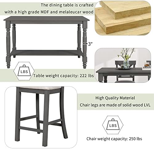 LUMISOL Counter Height Kitchen Table Set with Bench and Chairs for 6 Rustic Solid Wood Dining Room Table Set with Bottom Shelf for Storage, Gray